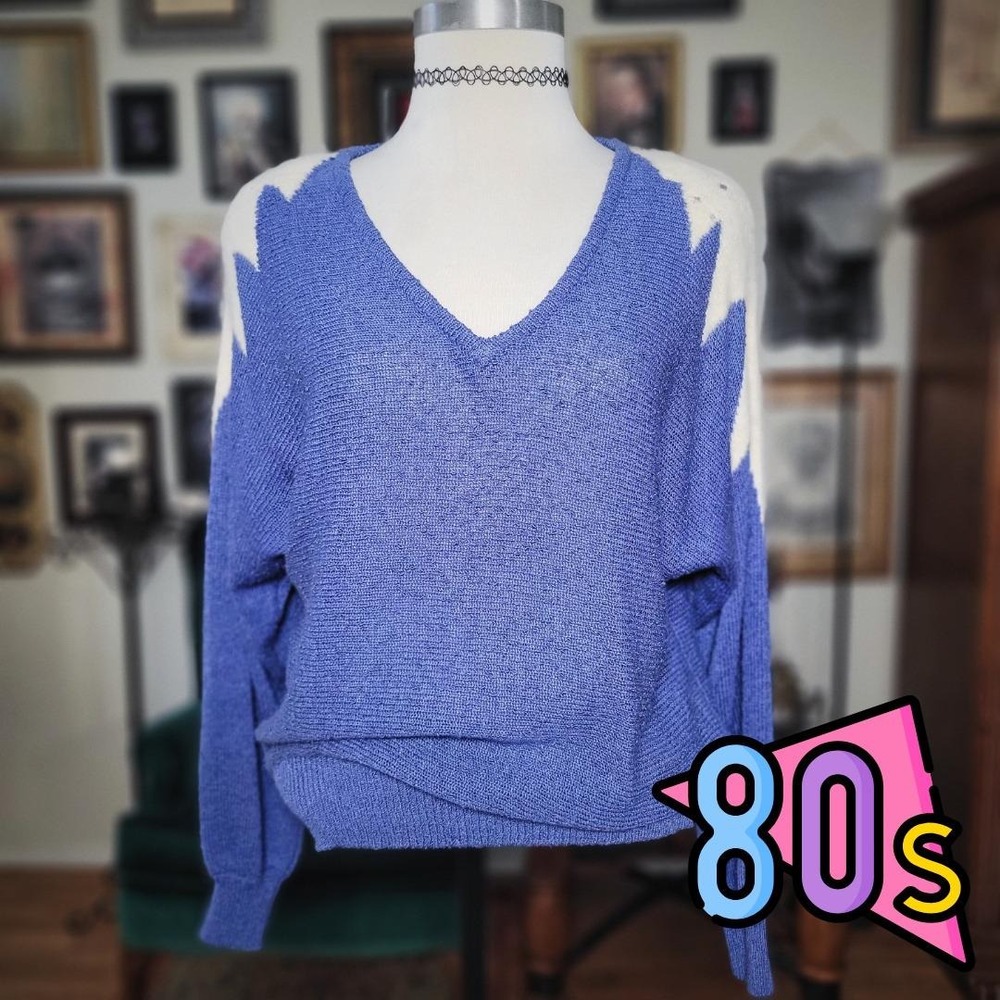 Vintage 80s Sweater‎ Brandini Knits Blue White Geometric V-Neck Pullover Large